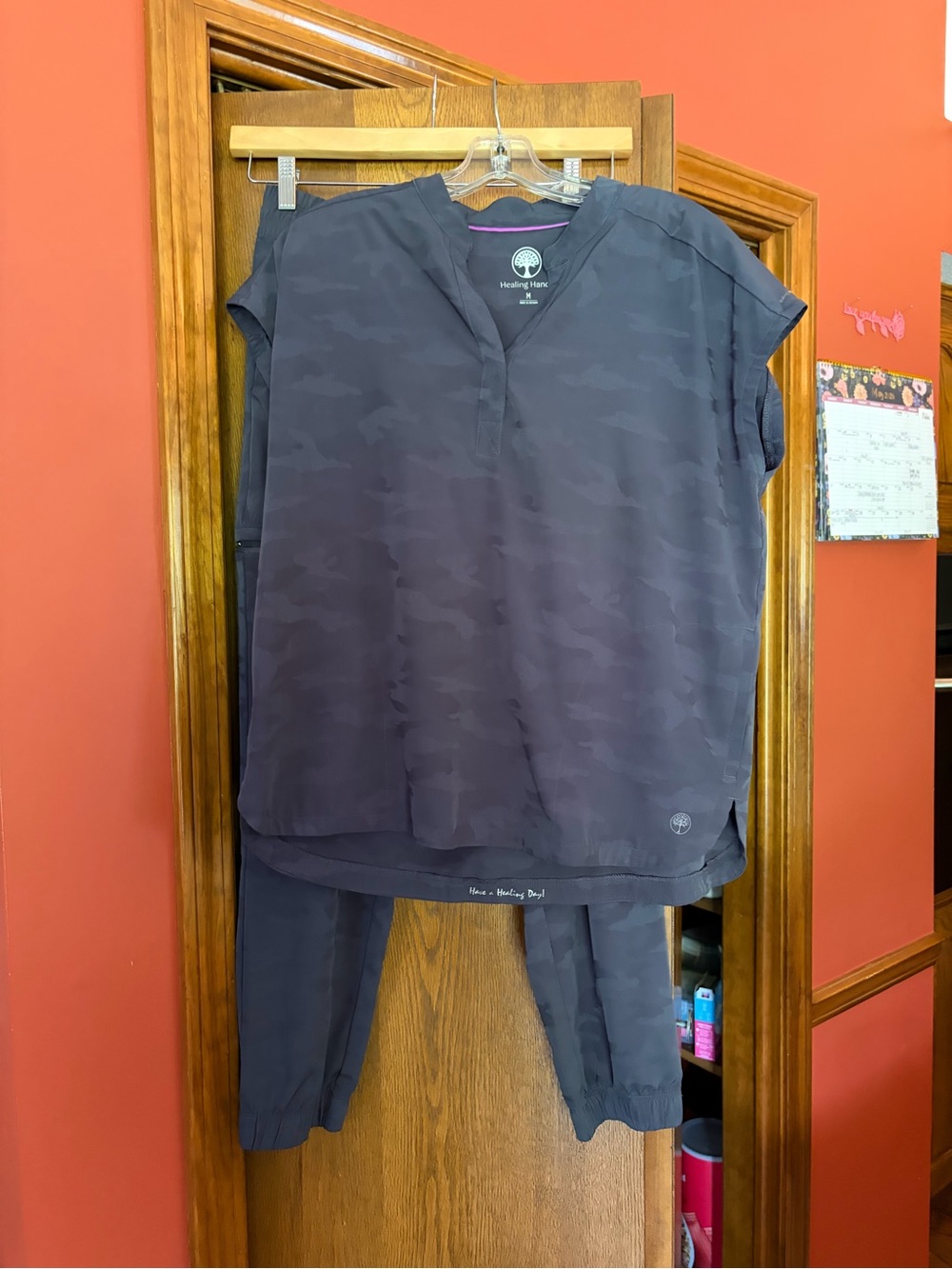 Healing Hands Charcoal Subtle Camo V-Neck Scrub Top with jogger bottoms